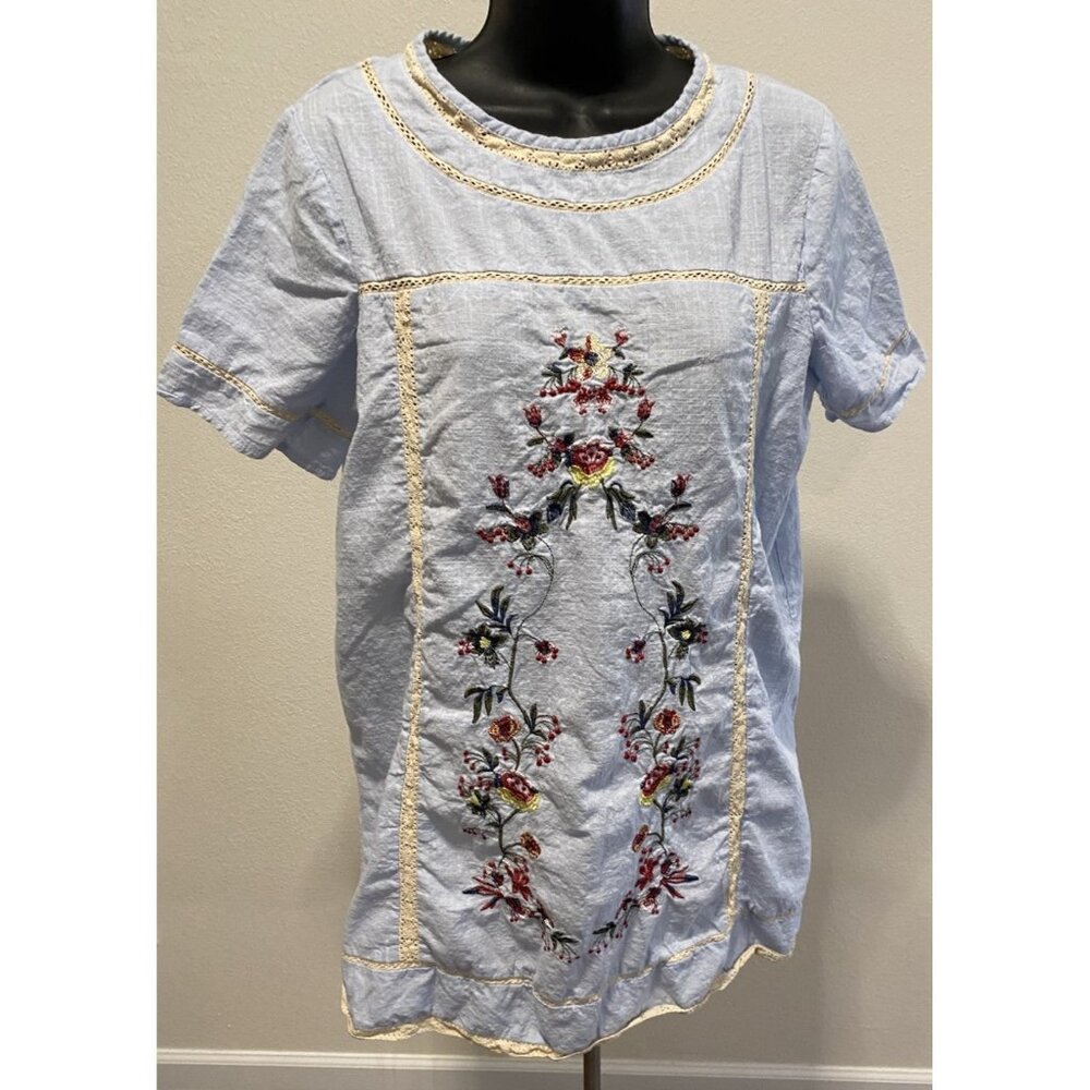Unbranded Womens Size M-L Floral Embroidered Peasant Tunic Top Short Sleeves